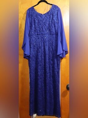 Royal Blue Lace Maxi Dress with Chiffon Sleeves, Size 14